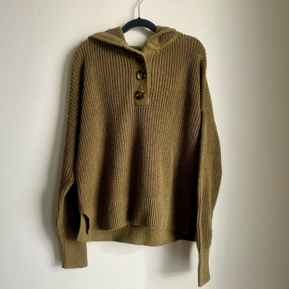 90’s Y2K Olive Green Knit Sweater with Hood and Buttons